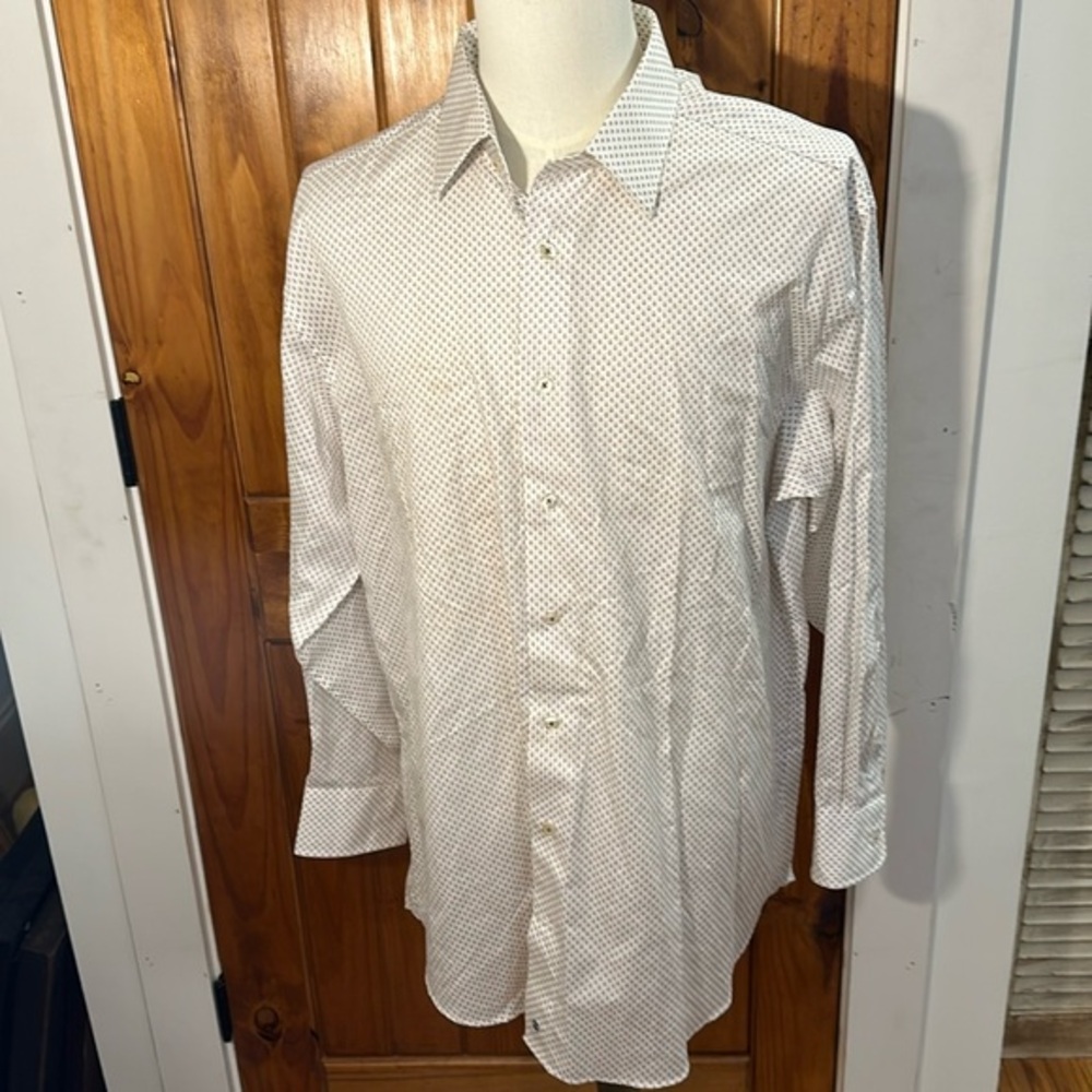 David Donahue White Dress Shirt with Small Navy Dot Pattern